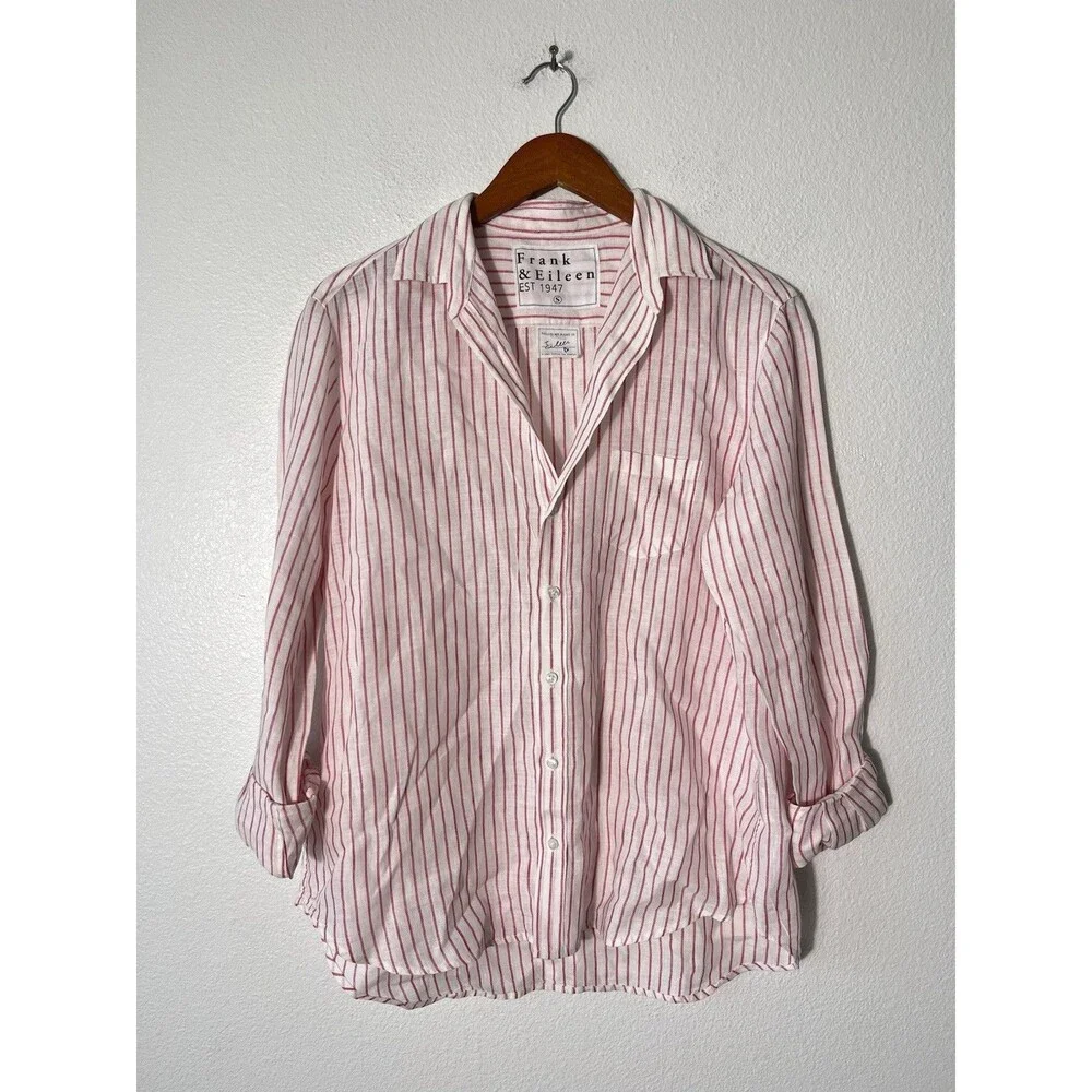 Frank & Eileen Eileen Shirt Women Small Pink White Stripe Linen Coastal Relaxed - Picture 4 of 10